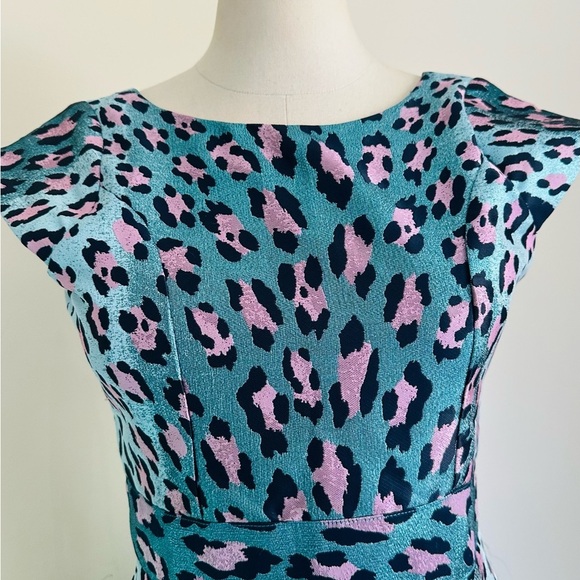ZOE LTD Jacquard Turquoise METALLIC Leopard Print Girls Cheetah Dress New sz 16 - Picture 5 of 8